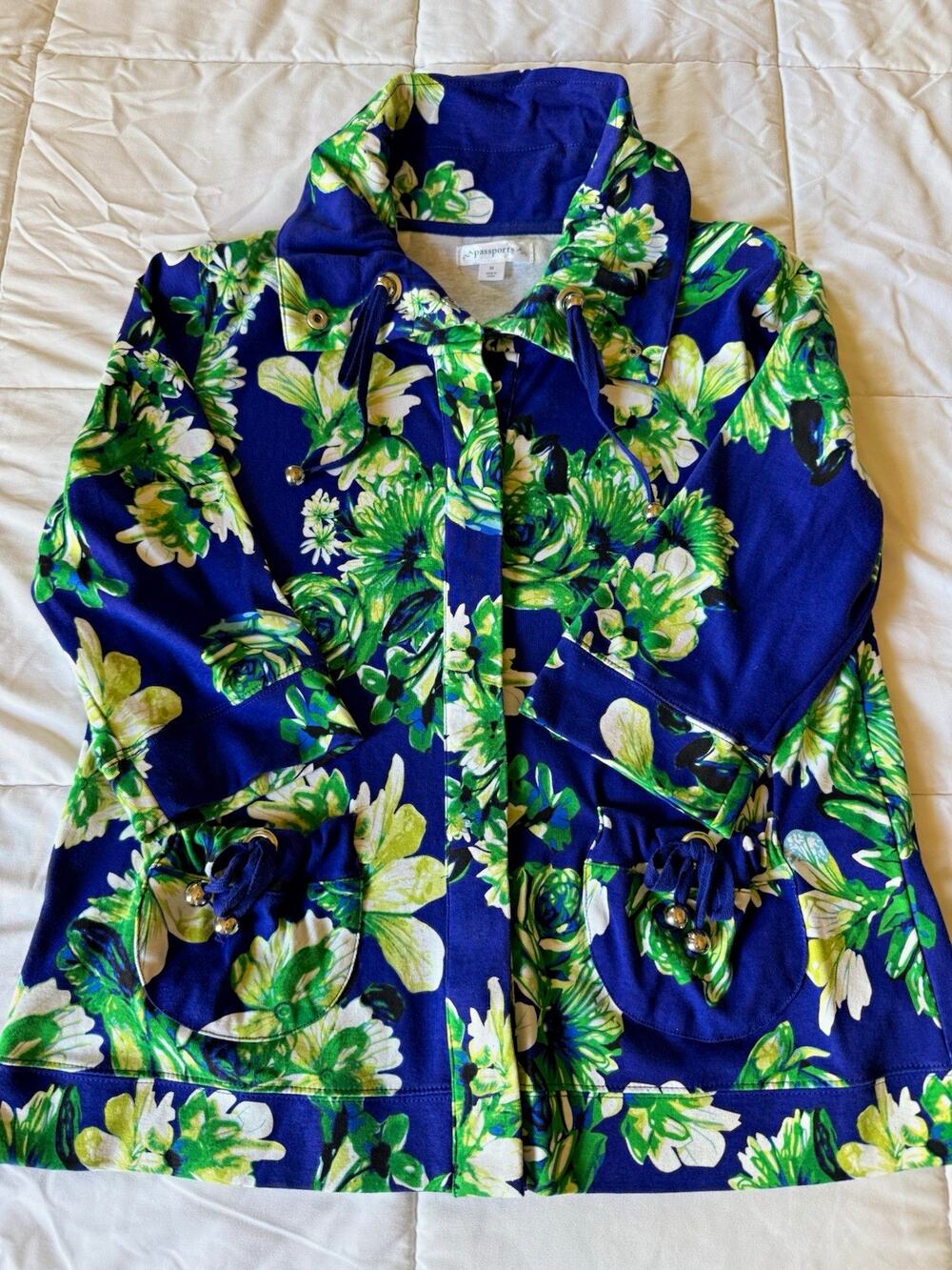 Passports Women's M Blue Green Floral Snap Front Short Jacket 3/4 Sleeve Pockets
